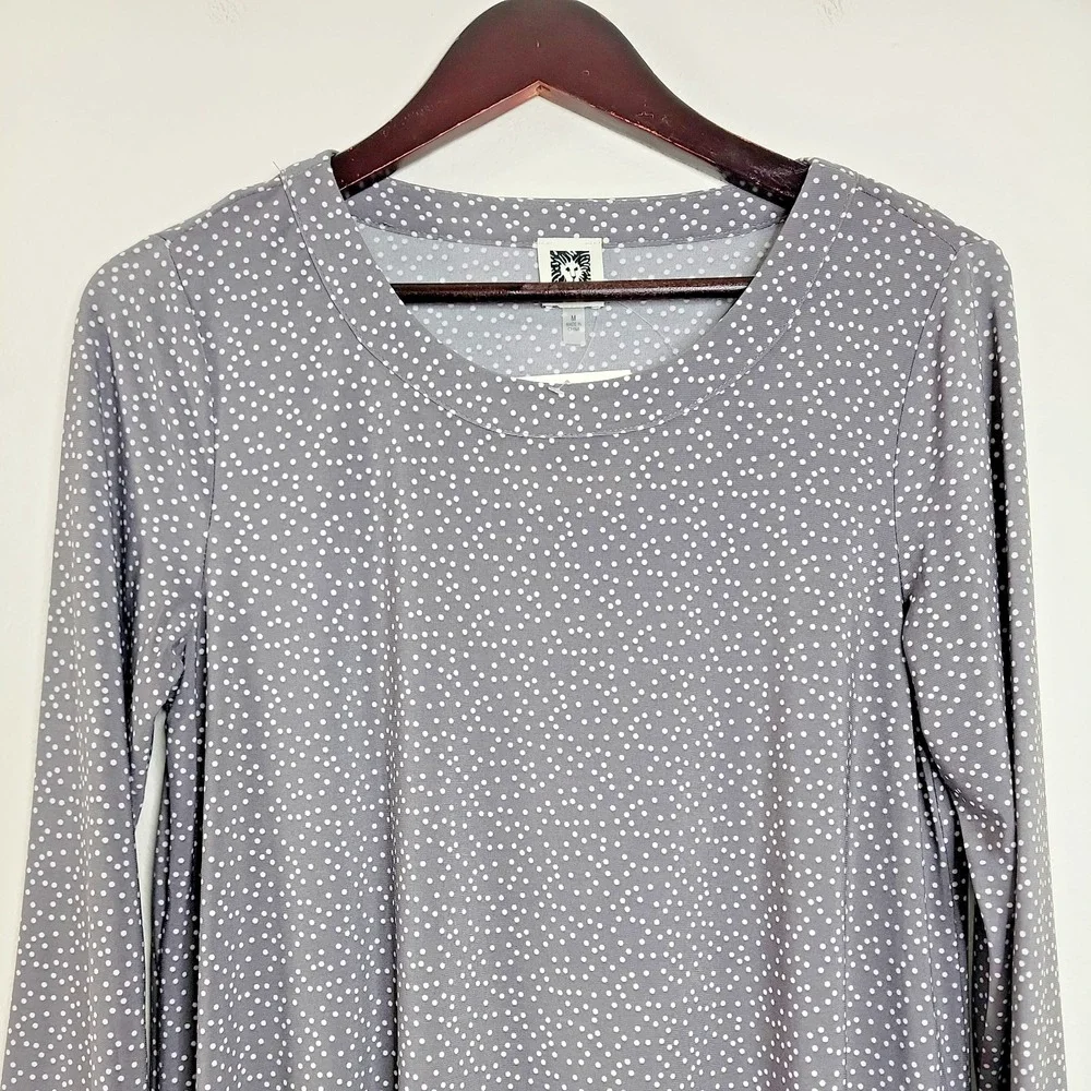 Anne Klein Womens Tunic Top M Gray White Polka Dot 3/4 Sleeve Flowy NWT